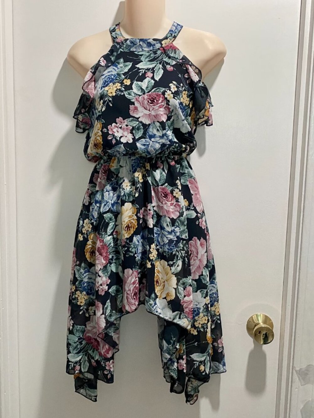 Girls Ava & Yelly Flowy Floral Print Asymmetric Hem Ruffled Bow Halter Dress 10
